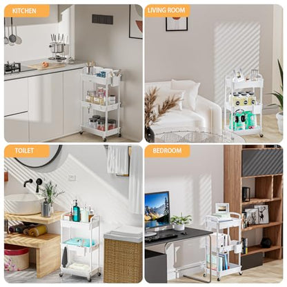 3 Tier Rolling Utility Cart with Drawer,REBECAT Utility Cart Made of Multifunctional Storage Organizer Tool for Kitchen,Bathroom,Living Room,Office(White) - color: White