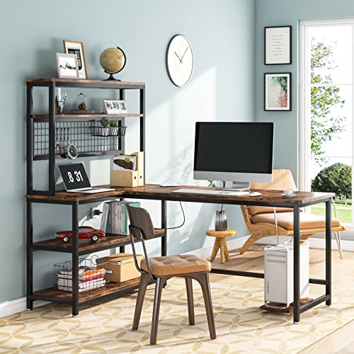 Tribesigns 55" Computer Desk Large Office Desk Study Table (Brown) | L-Shaped Writing Desk Workstation with Hutch, Wireless Charging, Open Storage Shelves, and Movable CPU Stand for Home Office - color: Brown