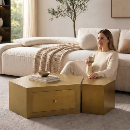 Geometric Nesting Coffee Table Set of 2 with Drawer, Gold | 33.15"&14.57", Modular Nesting Table, Drawer Storage, Faceted Polyhedral Artisan Center Table, No Need Assembled, Living Room - color: 33.15" & 14.57" Geometric Nesting Coffee Table