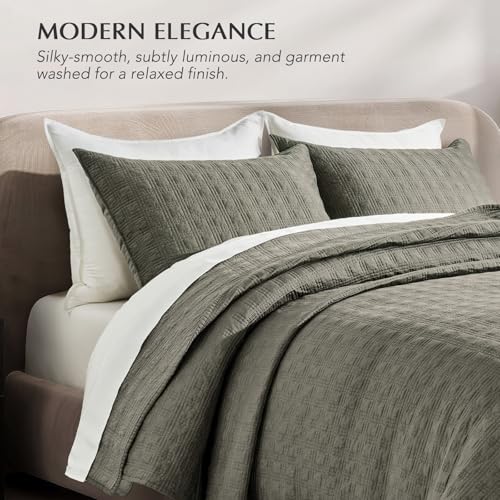 EVERGRACEHOME Cotton Sateen Windowpane Quilt Set King Size, Stone Sage | 100% Cotton, Pre-Washed Soft Coverlet Bedspread, 3-Piece Lightweight Bedding Set for All Season, with 2 Pillow Shams - color: Stone Sage (Grayish Green) - Windowpane, size: King (110