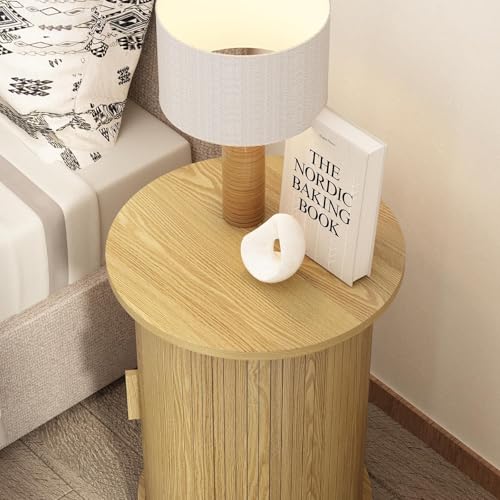 Wnutrees Round Fluted End Table, Small Accent Pedestal Side Table with Sliding Door & 2 Tier Storage Shelf, Wood Fluted Nightstand Bedside Table for Living Room, Bedroom, Natural