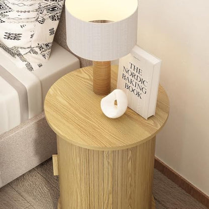 Wnutrees Round Fluted End Table, Small Accent Pedestal Side Table with Sliding Door & 2 Tier Storage Shelf, Wood Fluted Nightstand Bedside Table for Living Room, Bedroom, Natural