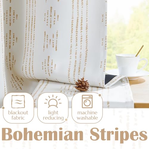jinchan Boho Blackout Kitchen Tier Curtains, 24 Inch, Taupe on Beige | Taupe geometric print on warm beige, soft blackout backing, 2 panels, rod pocket, for kitchens, bedrooms, RVs and campers - color: Blackout Backing | Taupe on Beige, size: 25"W x 24"L