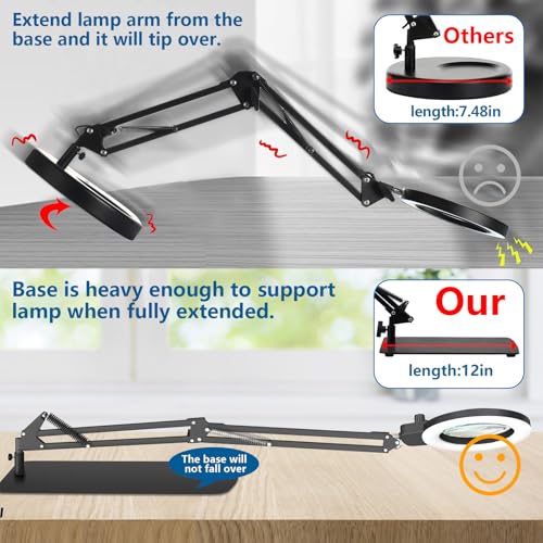 HITTI 12X Magnifying Glass with Light, 2026 Infinite Color and Stepless Dimming Desk Large Lamp & Clamp,2-in-1 LED Hands Free Lighted Magnifier for Craft Hobby Soldering(12X Square Base & Clamp) - size: 12X Square Base & Clamp