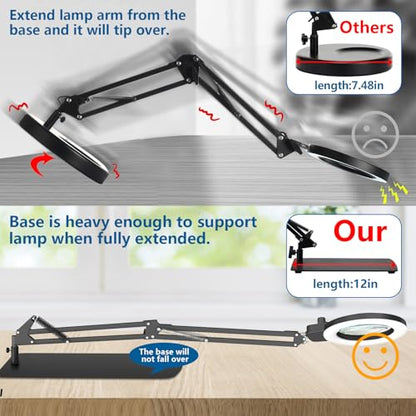 HITTI 12X Magnifying Glass with Light, 2026 Infinite Color and Stepless Dimming Desk Large Lamp & Clamp,2-in-1 LED Hands Free Lighted Magnifier for Craft Hobby Soldering(12X Square Base & Clamp) - size: 12X Square Base & Clamp