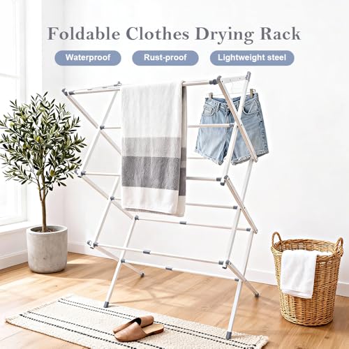Foldable Clothes Drying Rack 41"x29"x14" - White | Portable Extendable Laundry Drying Rack for Indoor Air Drying Clothing with 4 Hangers - size: 3-Tier