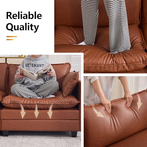 76'' Cloud Deep Seat Loveseat Sofa, Upholstered Leather Modular 2-Seats Sectional Sofa Couch with Movable Ottoman, Modern Comfy Settee Loveseat for Living Room Set, Small Apartment,Leather Brown - color: Pu-dark Brown, size: 76'' L Shape