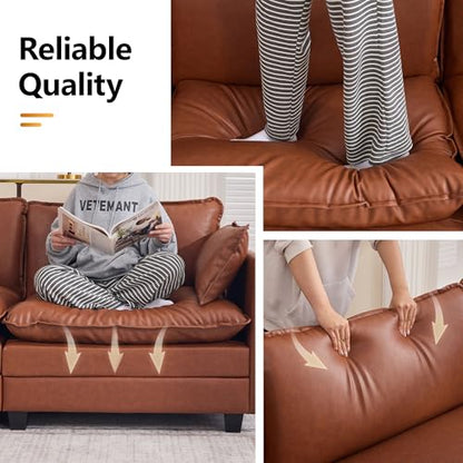 137'' V Shaped Cloud Sectional Sofa, Oversized Deep Seat Leather Couches for Living Room, Comfy Upholstered Modular Sectional Sofa Couch with 2 Movable Ottoman, Leather Brown - color: Pu-dark Brown, size: 113'' V Shaped+2 Ottoman