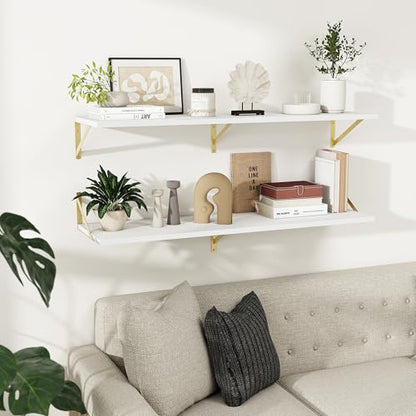 Dreamland Wall Mounted Floating Shelves Set of 2, 36x12, White&Gold | Engineered Wood, Visible Bracket, Large Storage, Hold Up to 60lbs, Living Room, Bathroom, Bedroom, Kitchen - color: White&gold, size: 48"W x 12"D