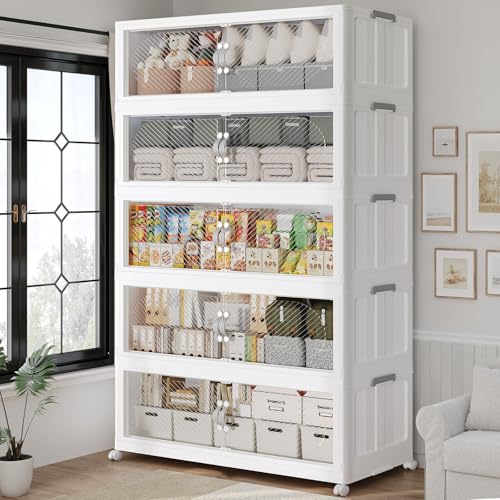 200Gal/800QT 5-Tiers Extra Large Stackable Storage Bins with Lid, Collapsible Cabinet Closet Organizer Plastic Container Box with Wheels Doors Drawers for Office Dorm Kitchen, White - color: White, size: 40Gal-5Pack