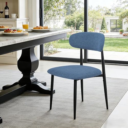 FREKEN Modern Upholstered Dining Chairs Set of 6, Mid-Century Metal Frame Linen Fabric Side Chair for Kitchen Dining Room, 350lbs Capacity, Blue - color: Blue - Black Legs, size: Set of 6