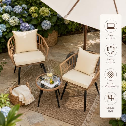 New 3 Piece Patio Bistro Set for Porch Backyard Lawn Poolside Deck, Beige | Handcrafted PE Rattan, Weather-Resistant, Modern Bohemian Design, Easy-Clean Surface, Compact Space Fit - size: NEW 3 Pieces
