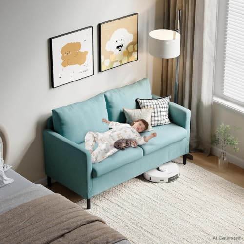 TYBOATLE 51" W Linen Fabric Upholstered Modern Loveseat Sofa Couch for Living Room, Love Seats 2-Seater Furniture w/Iron Legs for Compact Space, Apartment, Bedroom, Dorm, Office, Aqua Blue | Love Seat, Small Sofa, Linen Upholstery, Iron Legs, Living Room,