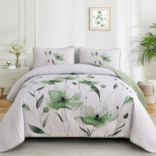 Mybedsoul Floral Quilt Set Queen Size, 3 Pieces Sage Green Bedspread Coverlet Set, Lightweight Farmhouse Botanical Bedding Set for Fall Winter All Season(96"x90") - color: Sage Green, size: Queen96"x90"