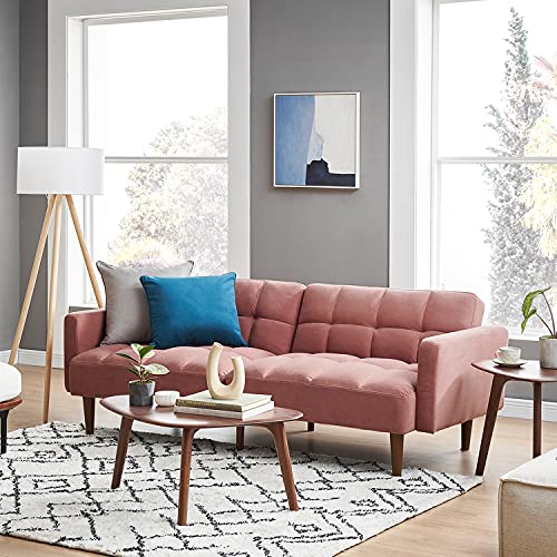 mopio 76.4" Futon Sofa Bed Tufted Styled, Sleeper Couch (Old Rosa, Velvet) | A textured seat folds flat for sleepovers; snug proportions slip into lofts and small lounges. - color: Old Rosa, Velvet