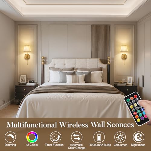 Battery Operated Wall Sconces with Dimmable Led Bulds and Remote | Gold Wireless Wall Lights Set of 2, Fabric Rechargeable 10000mAh Wall Mounted Lamp for Bedroom, Living Room, Hallway - color: Gold