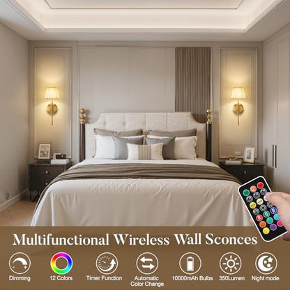 Battery Operated Wall Sconces with Dimmable Led Bulds and Remote | Gold Wireless Wall Lights Set of 2, Fabric Rechargeable 10000mAh Wall Mounted Lamp for Bedroom, Living Room, Hallway - color: Gold