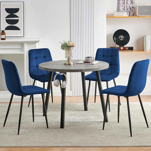 Homedot 5-Piece Round Dining Table Set for 4, Grey Engineered Wood Coffee Breakfast Table with Hooks, 4 Soft Velvet Kitchen Dining Chairs, Metal Legs - color: Navy Blue, size: 1* Grey Round Table+4*Chair