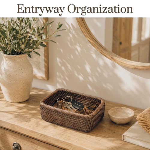 Yangqihome Natural Rattan Storage Baskets, Rectangular Woven Fruit Baskets, Decorative Wicker Basket and Small Baskets for Organizing,Set of 3, (Brown) - size: Brown S / M / L
