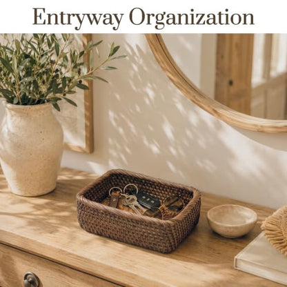 Yangqihome Natural Rattan Storage Baskets, Rectangular Woven Fruit Baskets, Decorative Wicker Basket and Small Baskets for Organizing,Set of 3, (Brown) - size: Brown S / M / L