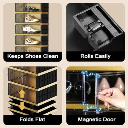 SYNCVIBE Foldable Shoe Rack, 9-Tier, 18 Pairs, 17.3" Wide, Black Gold | Foldable Shoe Organizer, Collapsible Shoe Cabinet with Doors, Stackable Shoe Shelves for Closet, Entryway and Living Room - size: 9 Tiers -18 Pairs Black Gold