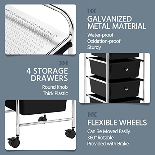 Yaheetech 4-Drawer Rolling Storage Cart with Wheels, Slim Organizer, Black | Four drawers plus a top shelf organize craft to bath gear; slim chrome-steel frame, plastic bins, locking wheels, easy setup. - color: Black, style: 4 Drawers