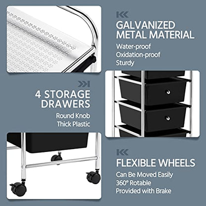Yaheetech 4-Drawer Rolling Storage Cart with Wheels, Slim Organizer, Black | Four drawers plus a top shelf organize craft to bath gear; slim chrome-steel frame, plastic bins, locking wheels, easy setup. - color: Black, style: 4 Drawers