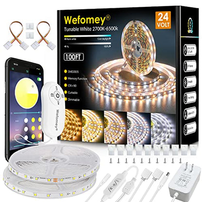 White LED Strip Lights, 100ft Dimmable Bright 24V Led Tape Light with Remote and App Control, 2700K-6500K White 1800 LEDs Lights for Bedroom, Kitchen, Ceiling (2 Rolls of 50ft) - style: 2 Rolls of 50ft