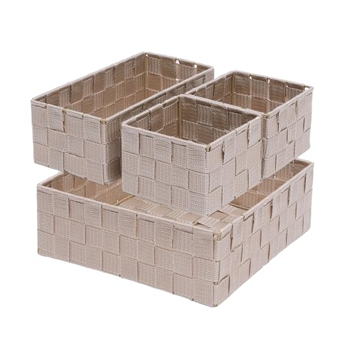 Stackable Woven Storage Baskets with Metal Frame, Set of 4,Beige | polypropylene organizer bins in assorted sizes for drawers, closet, shelf, nursery and office storage - color: Beige, size: 4PCS-without lid