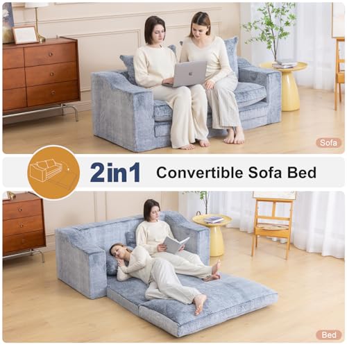 61" Boneless Loveseat Sleeper, Folding Sofa Bed with Faux Fur Cover, L-Grey | Memory Foam Pull Out Futon Bed with Removable Washable Cover, Space-Saving Fold Out Couch for Living Room & Guest Room - color: Light Grey