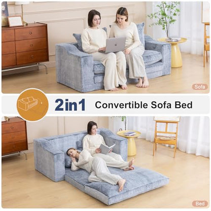 61" Boneless Loveseat Sleeper, Folding Sofa Bed with Faux Fur Cover, L-Grey | Memory Foam Pull Out Futon Bed with Removable Washable Cover, Space-Saving Fold Out Couch for Living Room & Guest Room - color: Light Grey