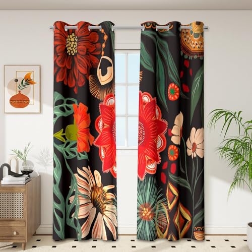 Tyrot Black Floral Grommet Blackout Curtains, 42W x 63L, 2 Panels | Colorful Botanical, Thermal Insulated, Heat Blocking, Light Blocking Privacy, Drapes for Bedroom and Living Room, Heavyweight - color: Crimson Shadow, size: 42"W x 63"L (Pack of 2)