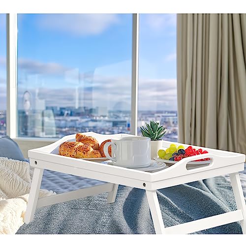 2 Pack Bed Tray Table Breakfast Trays Serving Tray Bamboo Bed Laptap with Folding Legs Handles and Phone Holders - color: White 2 Pack
