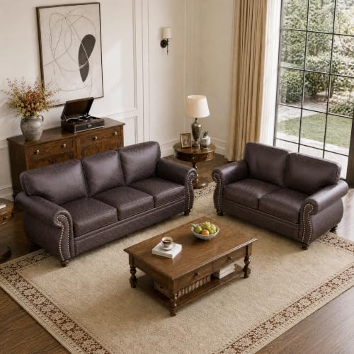 88" W Living Room Furniture Sets, 3-Seater&Loveseat, Brown | Faux Leather Fabric Sofa and Couch Sets, Mid-Century Sofa Set with Nailhead Trim - color: Brown, size: M-5 seat