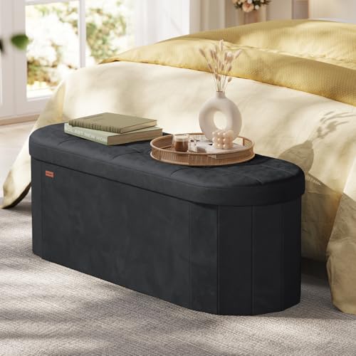 SONGMICS Mazie Collection - Folding Ottoman with Storage, Oval Storage Ottoman Bench, for Living Room, Bedroom, Velvet Fabric, 15 x 43 x 15 Inches, Ink Black ULSF297BH01 - color: Ink Black, size: 15"D x 43"W x 15"H, style: Oval