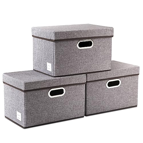 Foldable Storage Boxes with Lids [3-Pack] Linen Fabric Collapsible Storage Bins Organizer Containers Baskets Cube with Cover for Home Bedroom Closet Office Nursery (14.9x9.8x9.8) - color: Gray, size: M(3-Pack)