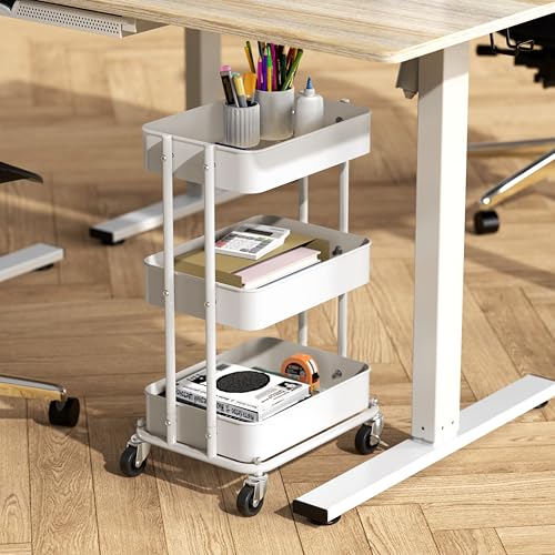 Simple Houseware 3-Tier Utility Cart, Low 24" Height Fits Under Desk, White | Compact & Lower Height Great for Under-Desk Space-Saving Storage for Home Office, Dining Room, or Kitchen - color: White