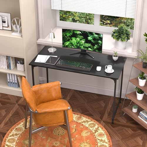 47 Inch Computer Desk with Wood Board and Metal Frame, Modern Simple Style Work Desk with Adjustable Feet, Study Gaming Desk Table for Home Office, Bedroom, Small Spaces - color: Black