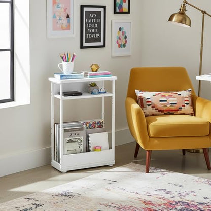 Narrow Side Table,3-Tier Slim End Table with Storage Shelf,Modern Sofa Table Thin Side Table for Narrow and Small Spaces, Skinny Bedside Table Small Nightstand with Magazine Rack Space Saving/White - color: White