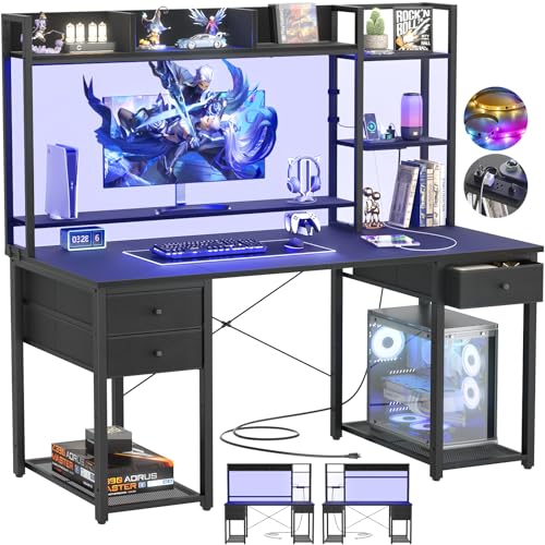 Aheaplus LED Gaming Desk with Hutch, 47.2'' Computer Workstation, Black - color: Black, size: 47.2''
