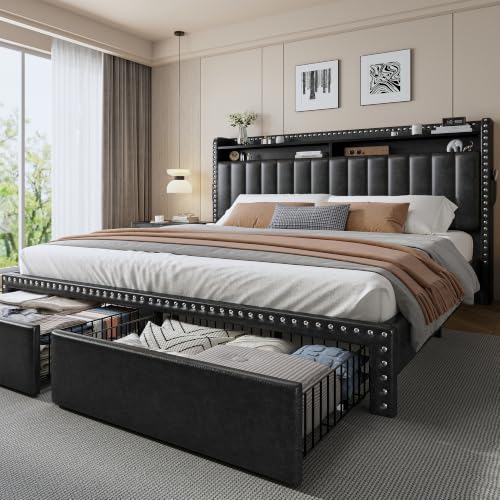 EnHomee King Size Bed Frame with 2 Drawers & 2-Tier Storage Headboard,Black | 2 side pockets, Luxurious Faux Leather Upholstered, 1000lbs Heavy Duty for Bedroom Apartment, Noise-Free, Easy Assembly - color: Black, size: King