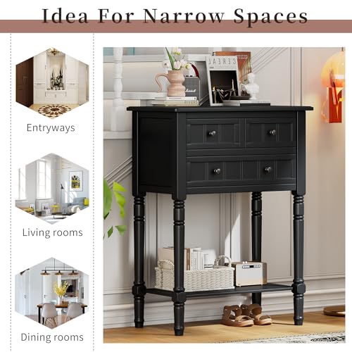 Merax Narrow Console Table, Elegant Slim Entryway Table Sofa Table with Three Storage Drawers and Bottom Shelf for Entryway for Hallway, and Living Room (Black) - color: Black