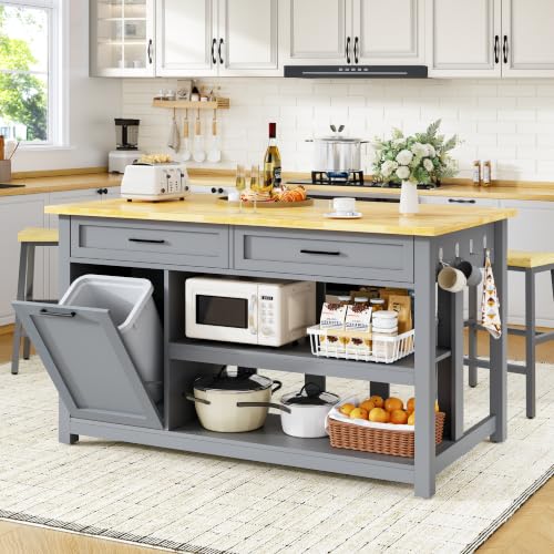 Kitchen Island with Storage and Seating Include 2 Bar Stools, Drawers, Grey | 47" Solid Rubberwood Top Kitchen Island with Trash Can Storage, Power Outlet, 6 Hooks, Coffee Bar Cabinet, Dining Table for 2 - color: Grey