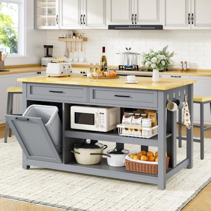 Kitchen Island with Storage and Seating Include 2 Bar Stools, Drawers, Grey | 47" Solid Rubberwood Top Kitchen Island with Trash Can Storage, Power Outlet, 6 Hooks, Coffee Bar Cabinet, Dining Table for 2 - color: Grey