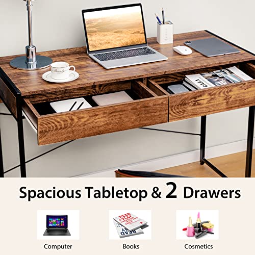 Tangkula Computer Desk with 2 Drawers, 44" Study Writing Table w/Heavy-Duty Steel Frame & Reinforced Structure, PC Desk with Storage for Home Office (Coffee) - color: Coffee