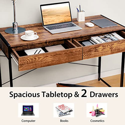 Tangkula Computer Desk with 2 Drawers, 44" Study Writing Table w/Heavy-Duty Steel Frame & Reinforced Structure, PC Desk with Storage for Home Office (Coffee) - color: Coffee