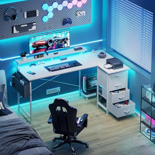 VERMESS 63" Reversible L Shaped Gaming Computer Desk, Corner Desk with Power Outlets & Monitor Stand, Writing Study Table with 4 Storage Drawers, Desk with LED Lights, White - color: White, size: 63 Inch