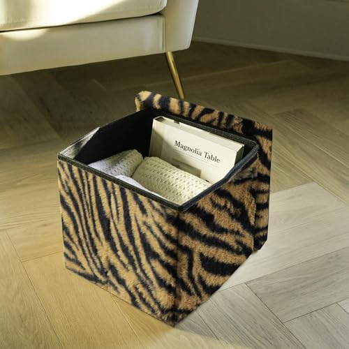 Luxe Faux Fur Storage Ottoman, Tiger Tan/White, 12 x 12 x 12 in | Engineered Wood, Tool-Free Assembly, Modern Style, Seat And Footrest - color: Tiger Tan/White, size: 12"D x 12"W x 12"H