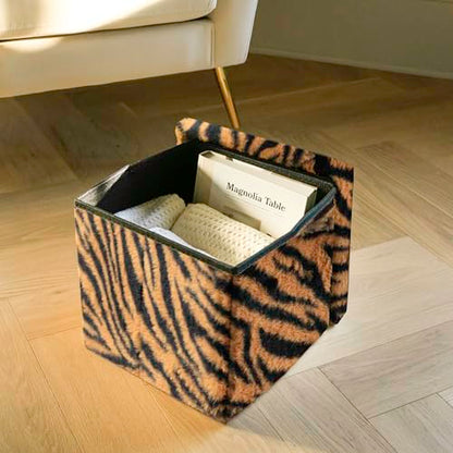 Luxe Faux Fur Storage Ottoman, Tiger Tan/White, 12 x 12 x 12 in | Engineered Wood, Tool-Free Assembly, Modern Style, Seat And Footrest - color: Tiger Tan/White, size: 12"D x 12"W x 12"H