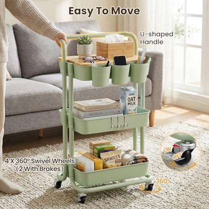 3 Tier Rolling Cart, Multifunctional Storage Cart with Table Top | Lockable Wheels, Heavy Duty Metal Frame Utility Cart for Kitchen, Bathroom, Office, Bedroom (Green) - color: Green